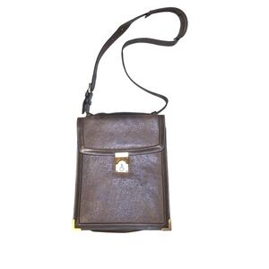 Vintage Textured Brown Leather shoulder Bag Brass Hardware Padded Strap